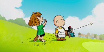 Movie still from “Snoopy Presents: One-of-a-Kind Marcie” (2023), directed by Raymond S. Persi – A girl and a boy are standing in a field; Extreme Wide shot, Low angle