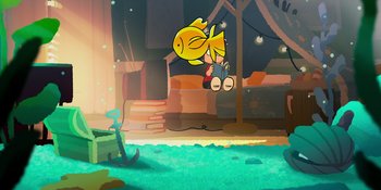 Movie still from “Snoopy Presents: One-of-a-Kind Marcie” (2023), directed by Raymond S. Persi – An animated scene of a person hanging from a rope; Extreme Wide shot, High angle