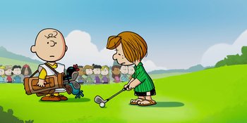 Movie still from “Snoopy Presents: One-of-a-Kind Marcie” (2023), directed by Raymond S. Persi – Charlie brown playing golf in front of a group of people; Wide shot, High angle