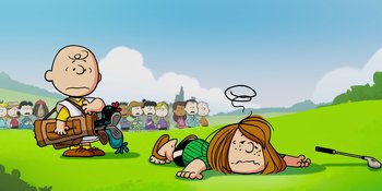 Movie still from “Snoopy Presents: One-of-a-Kind Marcie” (2023), directed by Raymond S. Persi – A group of people in a grassy field; Extreme Wide shot, Over the shoulder angle