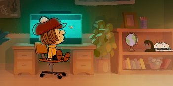 Movie still from “Snoopy Presents: One-of-a-Kind Marcie” (2023), directed by Raymond S. Persi – A drawing of a boy sitting in a chair looking at a television screen; Wide shot, High angle