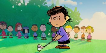 Movie still from “Snoopy Presents: One-of-a-Kind Marcie” (2023), directed by Raymond S. Persi – A drawing of a girl playing golf with a group of kids; Medium shot, High angle