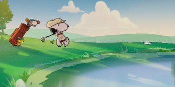 Movie still from “Snoopy Presents: One-of-a-Kind Marcie” (2023), directed by Raymond S. Persi – A cartoon of a dog holding a golf club in its mouth; Extreme Wide shot, High angle