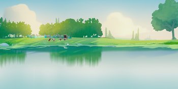 Movie still from “Snoopy Presents: One-of-a-Kind Marcie” (2023), directed by Raymond S. Persi – An illustration of a lake with a truck driving down the side of it; Extreme Wide shot, Low angle