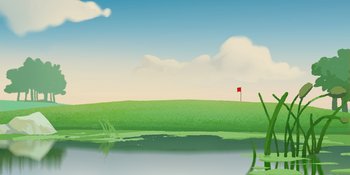 Movie still from “Snoopy Presents: One-of-a-Kind Marcie” (2023), directed by Raymond S. Persi – A green field with a red flag in the middle of it; Extreme Wide shot, Low angle