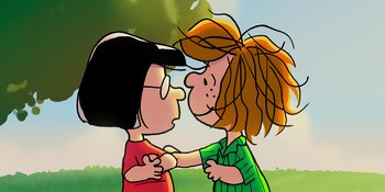 Movie still from “Snoopy Presents: One-of-a-Kind Marcie” (2023), directed by Raymond S. Persi – A couple of people that are in the grass together; Close Up shot, Over the shoulder angle