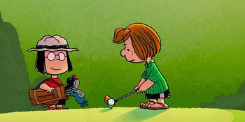 Movie still from “Snoopy Presents: One-of-a-Kind Marcie” (2023), directed by Raymond S. Persi – A cartoon of a girl playing golf with a man; Extreme Wide shot, High angle