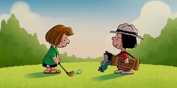 Movie still from “Snoopy Presents: One-of-a-Kind Marcie” (2023), directed by Raymond S. Persi – A couple of people that are playing a game of golf; Extreme Wide shot, High angle