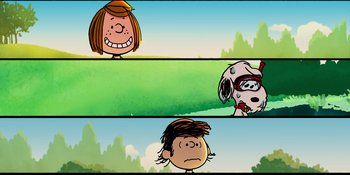 Movie still from “Snoopy Presents: One-of-a-Kind Marcie” (2023), directed by Raymond S. Persi – A series of three pictures of a girl , a dog and a boy; Extreme Wide shot, Over the shoulder angle