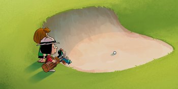 Movie still from “Snoopy Presents: One-of-a-Kind Marcie” (2023), directed by Raymond S. Persi – A drawing of a person playing golf in a field; Extreme Wide shot, High angle