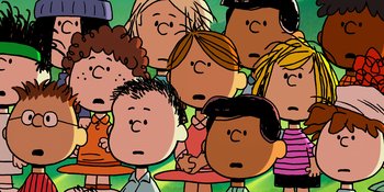 Movie still from “Snoopy Presents: One-of-a-Kind Marcie” (2023), directed by Raymond S. Persi – A group of people standing next to each other; Close Up shot, High angle