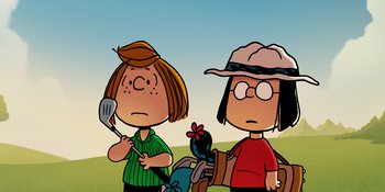 Movie still from “Snoopy Presents: One-of-a-Kind Marcie” (2023), directed by Raymond S. Persi – A couple of people standing next to each other on a field; Medium shot, Low angle