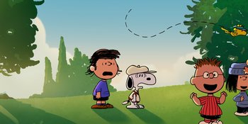 Movie still from “Snoopy Presents: One-of-a-Kind Marcie” (2023), directed by Raymond S. Persi – A couple of people standing next to each other on top of a field; Extreme Wide shot, Low angle
