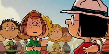 Movie still from “Snoopy Presents: One-of-a-Kind Marcie” (2023), directed by Raymond S. Persi – A group of people standing next to each other on a field; Medium shot, Over the shoulder angle