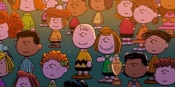 Movie still from “Snoopy Presents: One-of-a-Kind Marcie” (2023), directed by Raymond S. Persi – A group of cartoon characters are lined up against each other; Extreme Wide shot, High angle