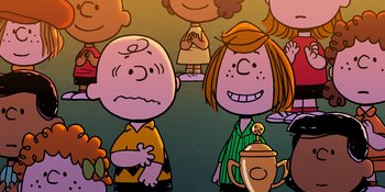 Movie still from “Snoopy Presents: One-of-a-Kind Marcie” (2023), directed by Raymond S. Persi – A couple of people standing next to each other in a room; Medium shot, High angle