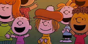 Movie still from “Snoopy Presents: One-of-a-Kind Marcie” (2023), directed by Raymond S. Persi – A group of children standing next to each other; Medium shot, High angle