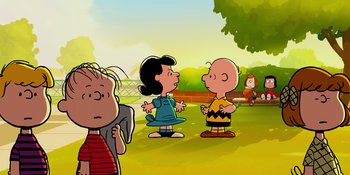 Movie still from “Snoopy Presents: One-of-a-Kind Marcie” (2023), directed by Raymond S. Persi – A group of people standing next to each other on top of a field; Extreme Wide shot, Over the shoulder angle