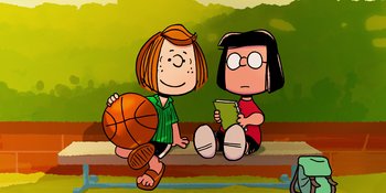 Movie still from “Snoopy Presents: One-of-a-Kind Marcie” (2023), directed by Raymond S. Persi – A couple of people that are sitting on the ground; Wide shot, High angle