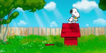 Movie still from “Snoopy Presents: To Mom (and Dad), with Love” (2022), directed by Clay Kaytis – A dog sitting on top of a red dog house; Extreme Wide shot, Low angle
