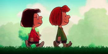 Movie still from “Snoopy Presents: To Mom (and Dad), with Love” (2022), directed by Clay Kaytis – A couple of people that are standing in the grass; Extreme Wide shot, Low angle