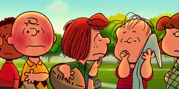 Movie still from “Snoopy Presents: To Mom (and Dad), with Love” (2022), directed by Clay Kaytis – A group of people standing next to each other on a field; Close Up shot, High angle