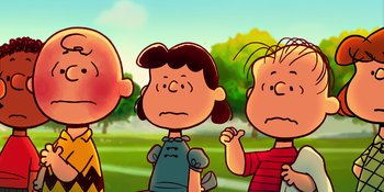 Movie still from “Snoopy Presents: To Mom (and Dad), with Love” (2022), directed by Clay Kaytis – A group of people standing next to each other in a park; Medium shot, Low angle