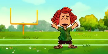 Movie still from “Snoopy Presents: To Mom (and Dad), with Love” (2022), directed by Clay Kaytis – A cartoon picture of a girl in a green shirt; Medium shot, High angle