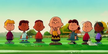 Movie still from “Snoopy Presents: To Mom (and Dad), with Love” (2022), directed by Clay Kaytis – A group of cartoon characters standing in a field; Extreme Wide shot, High angle