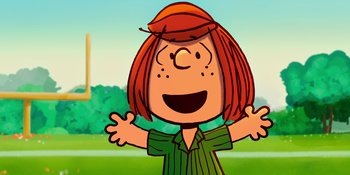 Movie still from “Snoopy Presents: To Mom (and Dad), with Love” (2022), directed by Clay Kaytis – A drawing of a woman with a red hair and an orange hat; Close Up shot, Low angle
