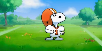 Movie still from “Snoopy Presents: To Mom (and Dad), with Love” (2022), directed by Clay Kaytis – A drawing of a cartoon character with a football helmet on; Extreme Wide shot, Low angle
