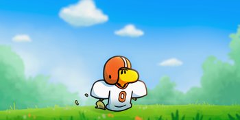 Movie still from “Snoopy Presents: To Mom (and Dad), with Love” (2022), directed by Clay Kaytis – A bird wearing a football helmet and jersey; Extreme Wide shot, High angle