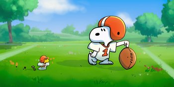Movie still from “Snoopy Presents: To Mom (and Dad), with Love” (2022), directed by Clay Kaytis – A cartoon picture of a dog wearing a football helmet; Extreme Wide shot, Low angle