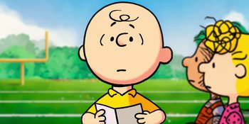 Movie still from “Snoopy Presents: To Mom (and Dad), with Love” (2022), directed by Clay Kaytis – A drawing of charlie brown holding an open book; Close Up shot, Low angle