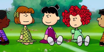 Movie still from “Snoopy Presents: To Mom (and Dad), with Love” (2022), directed by Clay Kaytis – A group of cartoon characters sitting on the ground; Medium shot, Low angle