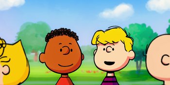 Movie still from “Snoopy Presents: To Mom (and Dad), with Love” (2022), directed by Clay Kaytis – A cartoon of a boy and a blond girl; Close Up shot, Low angle