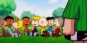 Movie still from “Snoopy Presents: To Mom (and Dad), with Love” (2022), directed by Clay Kaytis – A group of people sitting on the grass; Extreme Wide shot, Over the shoulder angle