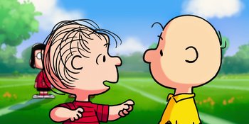 Movie still from “Snoopy Presents: To Mom (and Dad), with Love” (2022), directed by Clay Kaytis – A drawing of a boy talking to a boy in a yellow shirt; Close Up shot, Over the shoulder angle