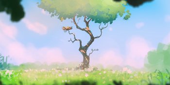 Movie still from “Snoopy Presents: To Mom (and Dad), with Love” (2022), directed by Clay Kaytis – An artistic painting of a tree in the middle of a field; Extreme Wide shot, Low angle