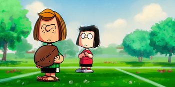 Movie still from “Snoopy Presents: To Mom (and Dad), with Love” (2022), directed by Clay Kaytis – A cartoon of a woman and a girl standing in a field; Medium shot, Over the shoulder angle