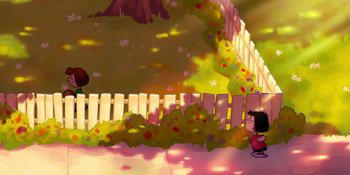 Movie still from “Snoopy Presents: To Mom (and Dad), with Love” (2022), directed by Clay Kaytis – A painting of a girl and a dog in front of a white picket fence; Extreme Wide shot, Over the shoulder angle