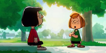 Movie still from “Snoopy Presents: To Mom (and Dad), with Love” (2022), directed by Clay Kaytis – A couple of people standing next to each other on a sidewalk; Medium shot, Over the shoulder angle