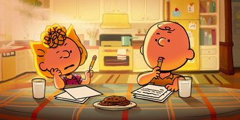 Movie still from “Snoopy Presents: To Mom (and Dad), with Love” (2022), directed by Clay Kaytis – A couple of people sitting at a dinner table; Extreme Wide shot, High angle