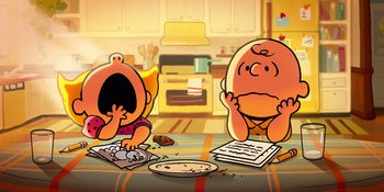 Movie still from “Snoopy Presents: To Mom (and Dad), with Love” (2022), directed by Clay Kaytis – Two cartoon characters sitting at a table with a plate of food on the table; Wide shot, Overhead angle