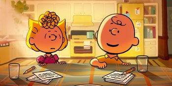 Movie still from “Snoopy Presents: To Mom (and Dad), with Love” (2022), directed by Clay Kaytis – A couple of people sitting at a table with papers on it; Medium shot, High angle