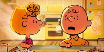 Movie still from “Snoopy Presents: To Mom (and Dad), with Love” (2022), directed by Clay Kaytis – A couple of people that are sitting in a room; Close Up shot, Over the shoulder angle