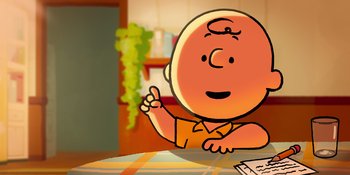 Movie still from “Snoopy Presents: To Mom (and Dad), with Love” (2022), directed by Clay Kaytis – A drawing of a charlie brown character pointing to the left; Medium shot, Low angle