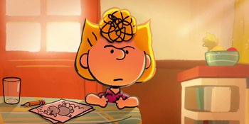 Movie still from “Snoopy Presents: To Mom (and Dad), with Love” (2022), directed by Clay Kaytis – A drawing of a girl with blonde hair sitting at a table; Close Up shot, High angle
