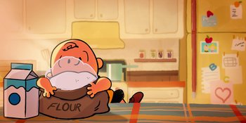 Movie still from “Snoopy Presents: To Mom (and Dad), with Love” (2022), directed by Clay Kaytis – An illustration of a person sitting on the floor of a kitchen; Extreme Close Up shot, Low angle