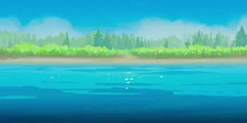 Movie still from “Snoopy Presents: To Mom (and Dad), with Love” (2022), directed by Clay Kaytis – An illustration of a body of water with trees in the background; Extreme Wide shot, High angle